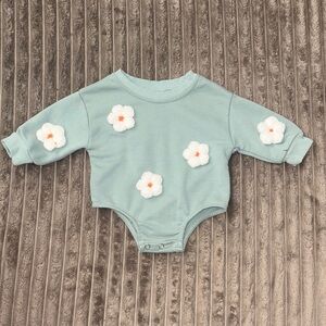 🌼 Baby Girl Mint Knit Sweater Romper 3D Crochet Flowers Cozy Outfit 0-3M